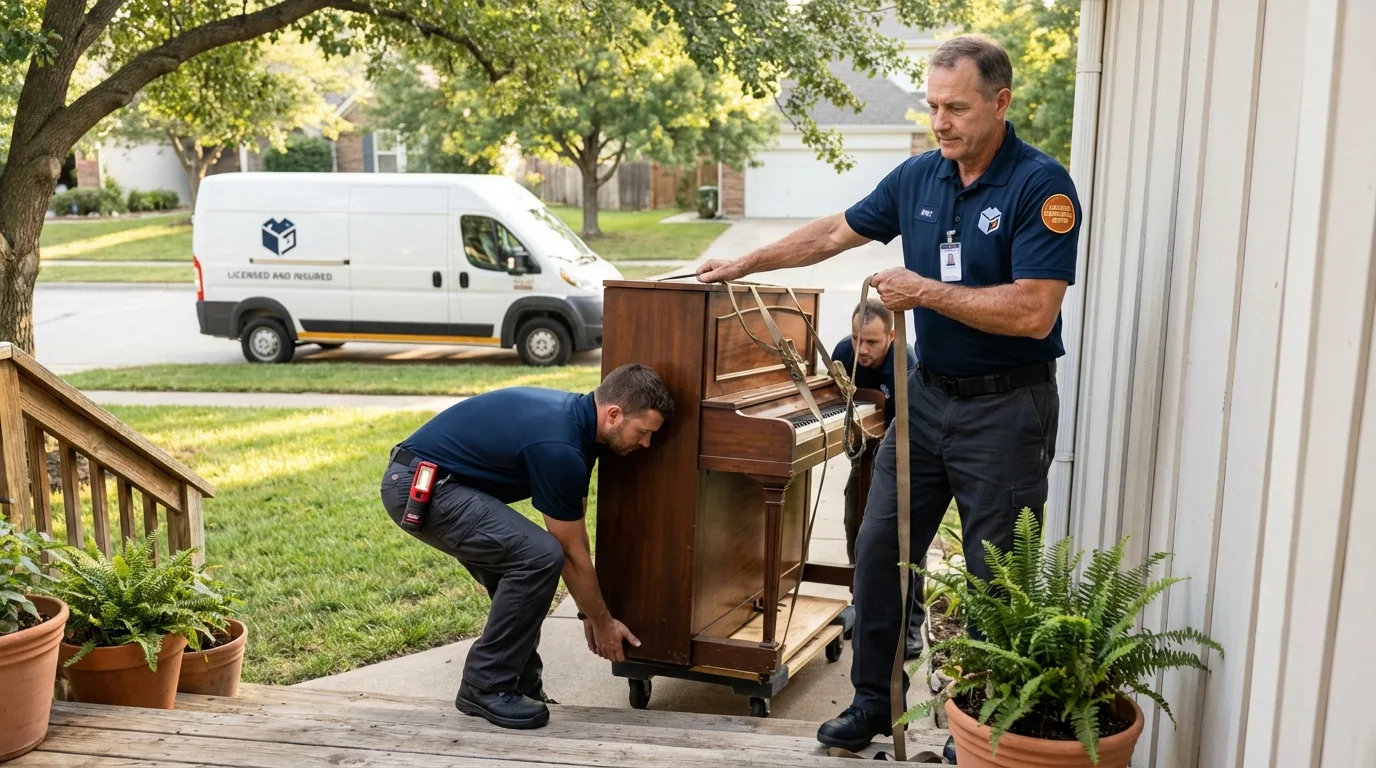Licensed piano movers securing grand piano in Haines, AK