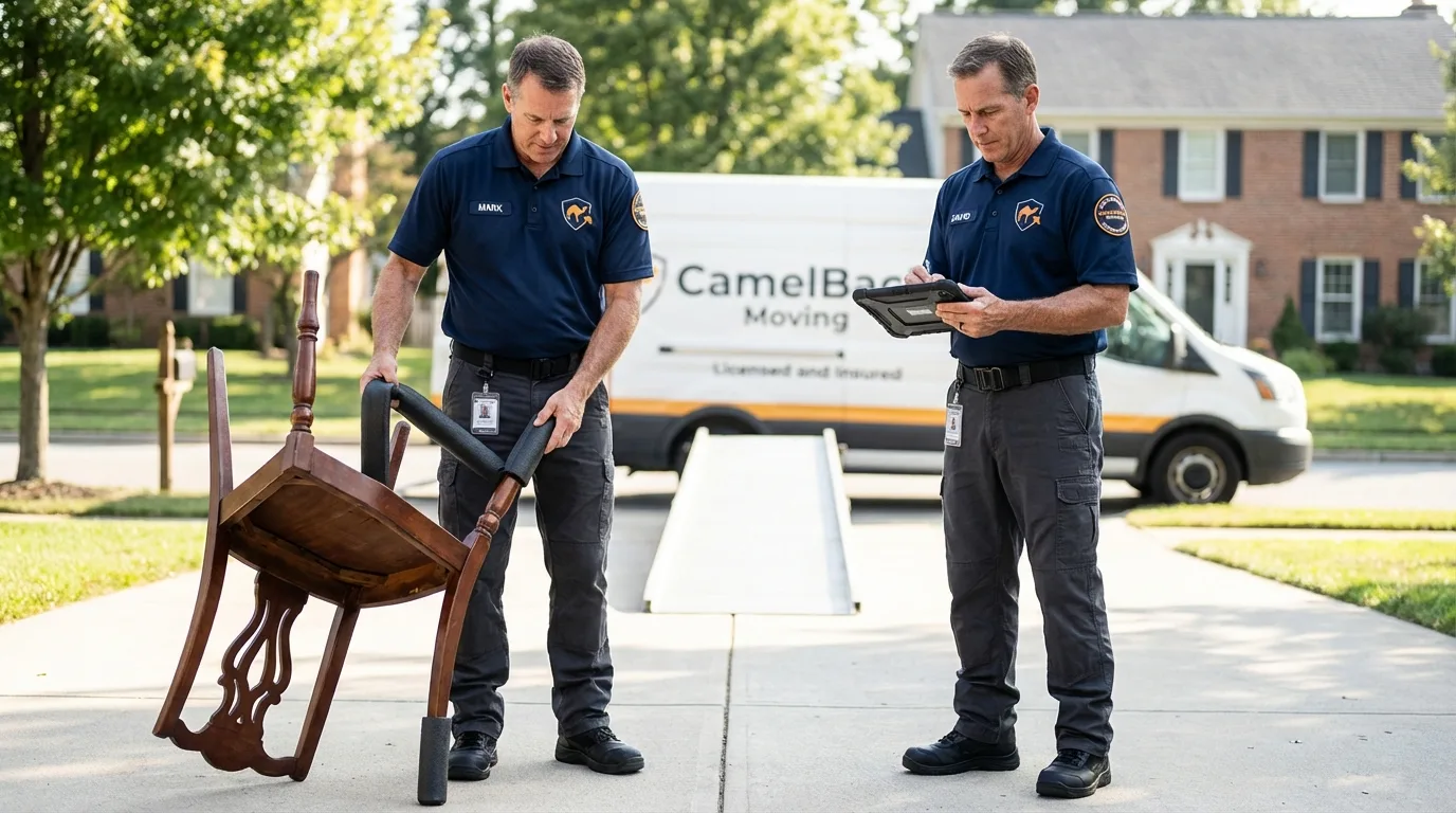 Movers inspecting furniture for damage prevention before loading in Haines, AK